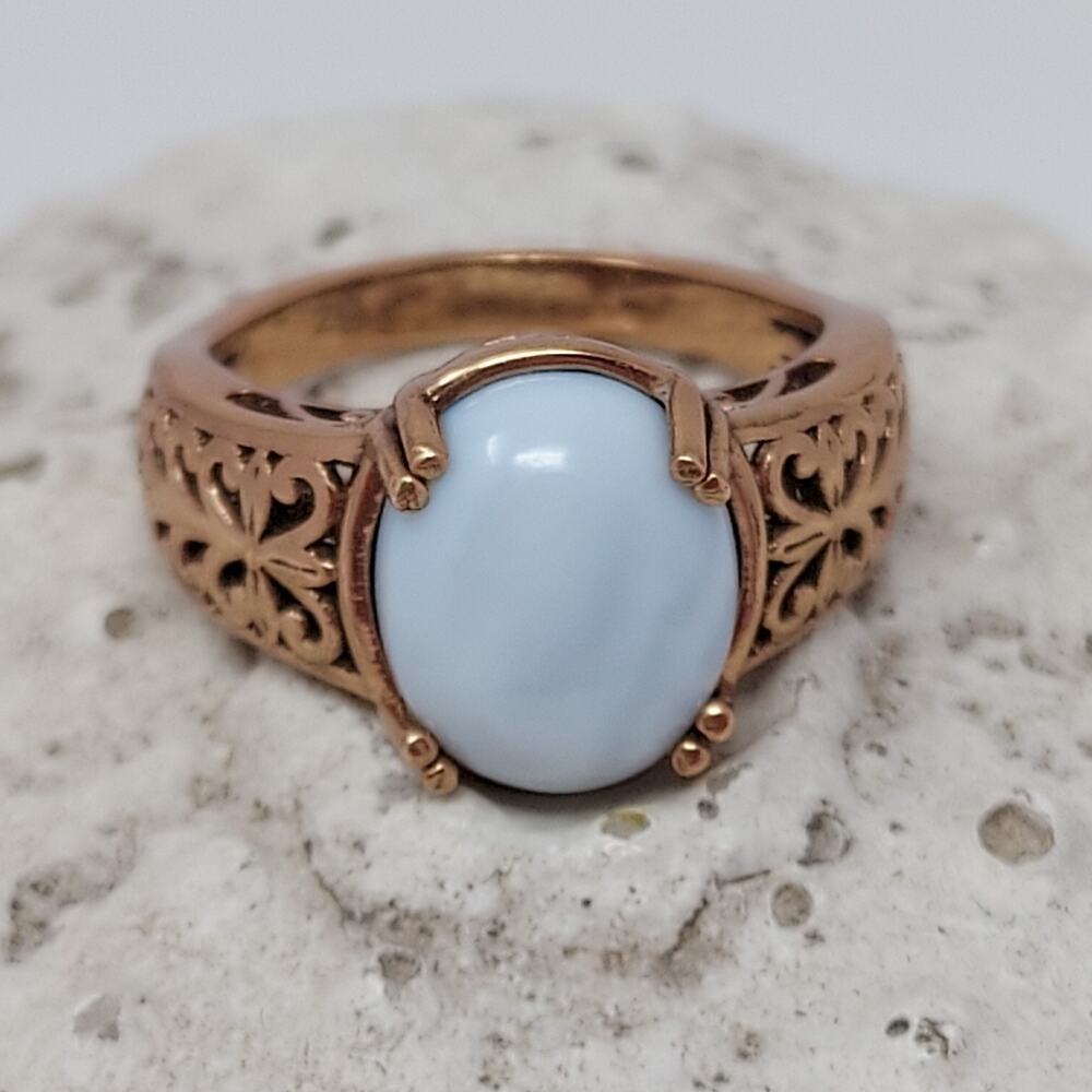 Vintage Rose Gold Tone Oval Baby Blue Striped Gemstone Cab Signed BZ Sz 7.5